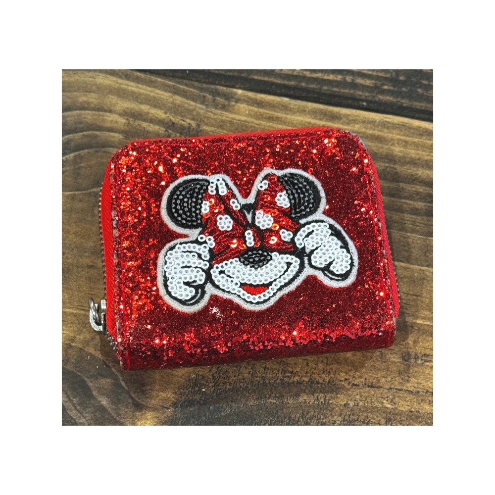 Disney Minnie Mouse Wallet Red Glitter Sequin Zip Around Small